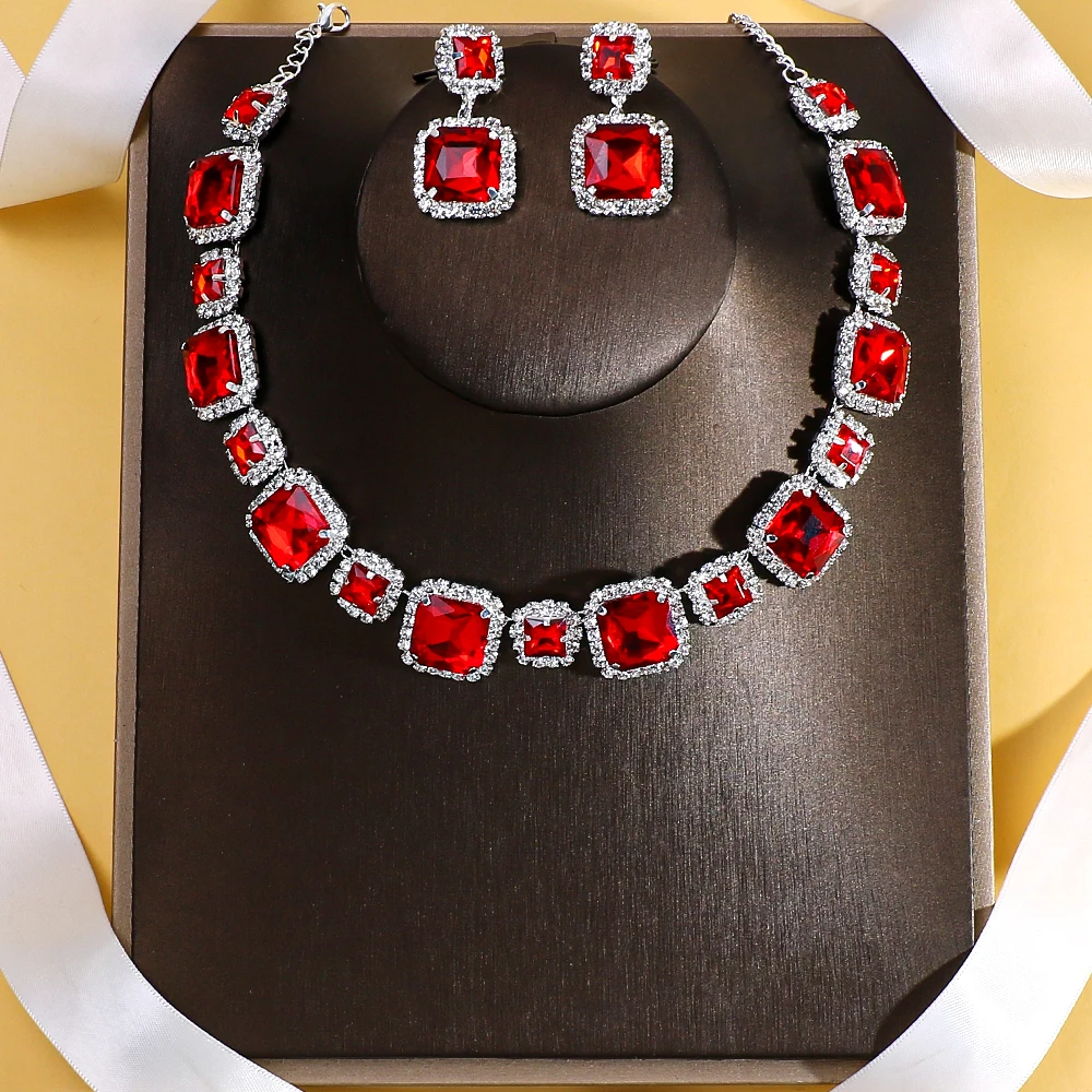 Stonefans Red Square Crystal Necklace Earrings Set Party Free Shipping 2024 Trend Large Bridal Jewelry Set for Women Decoration