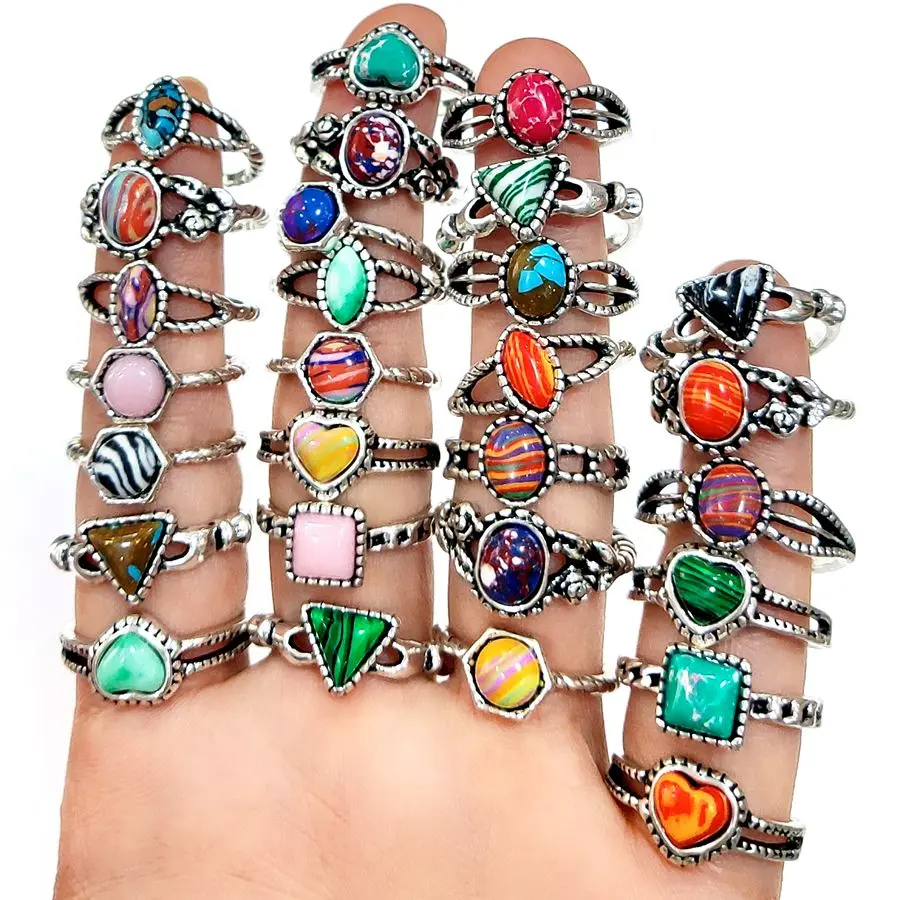 خواتم من الحجر الفيروزي للنساء ، أشكال إبداعية ، عرقية عتيقة ، لون ذهبي ، خاتم عتيق ، مجوهرات عتيقة ، جودة عالية ، 20 مجموعة #2