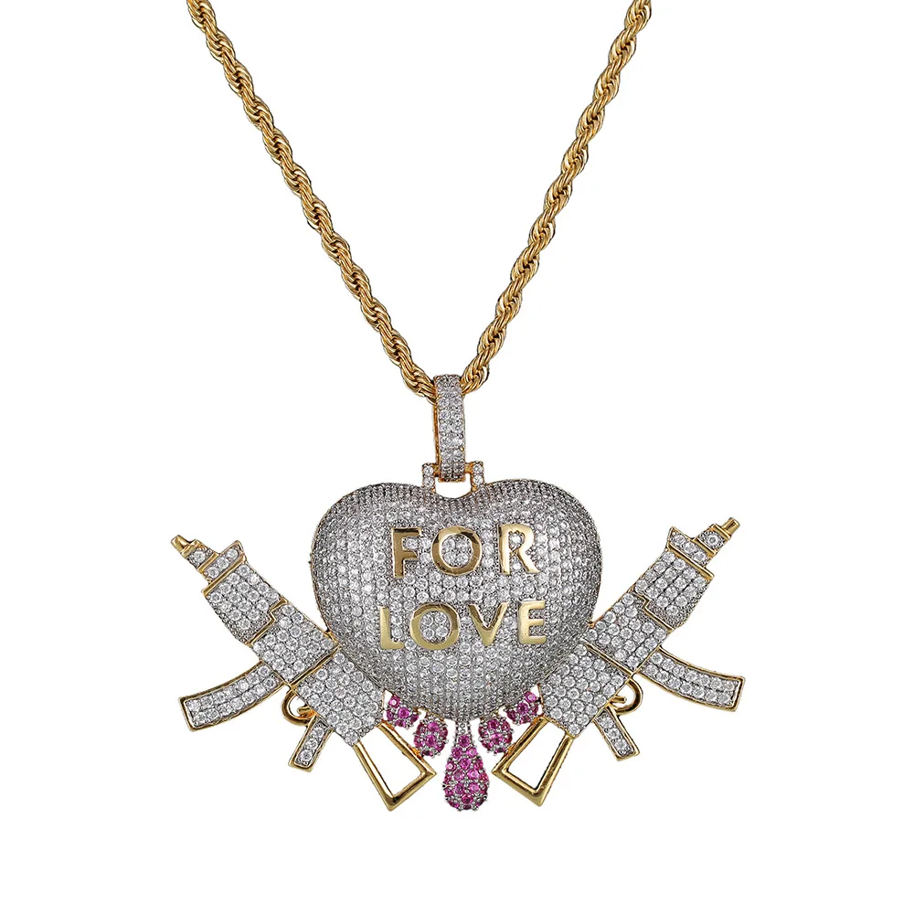 

Хип-хоп AAA CZ Stone Paved Bling Ice Out Forever Lover Heart AK 47, подвески с пистолетом, ожерелье для мужчин, ювелирные изделия, Прямая доставка