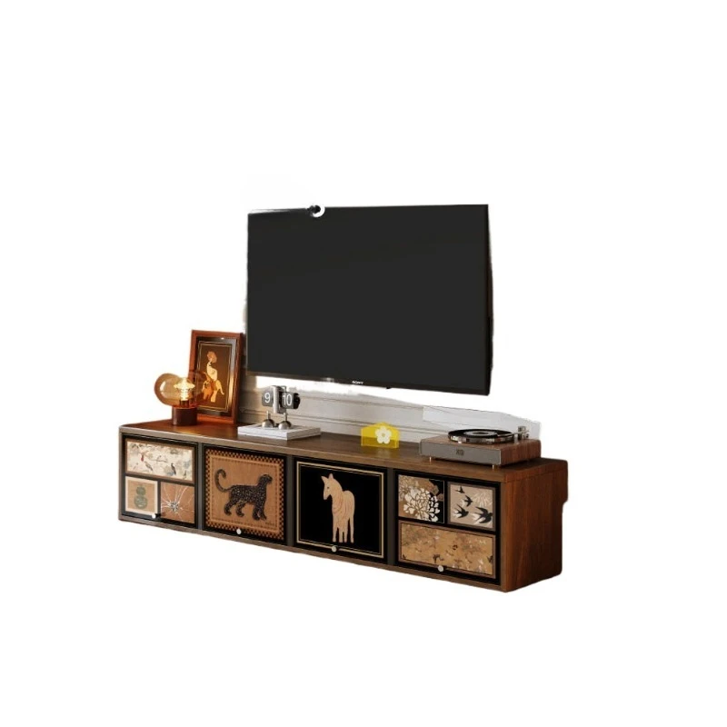 

TV cabinet, living room, household floor-to-ceiling antique storage and storage integrated solid wood texture small apartment