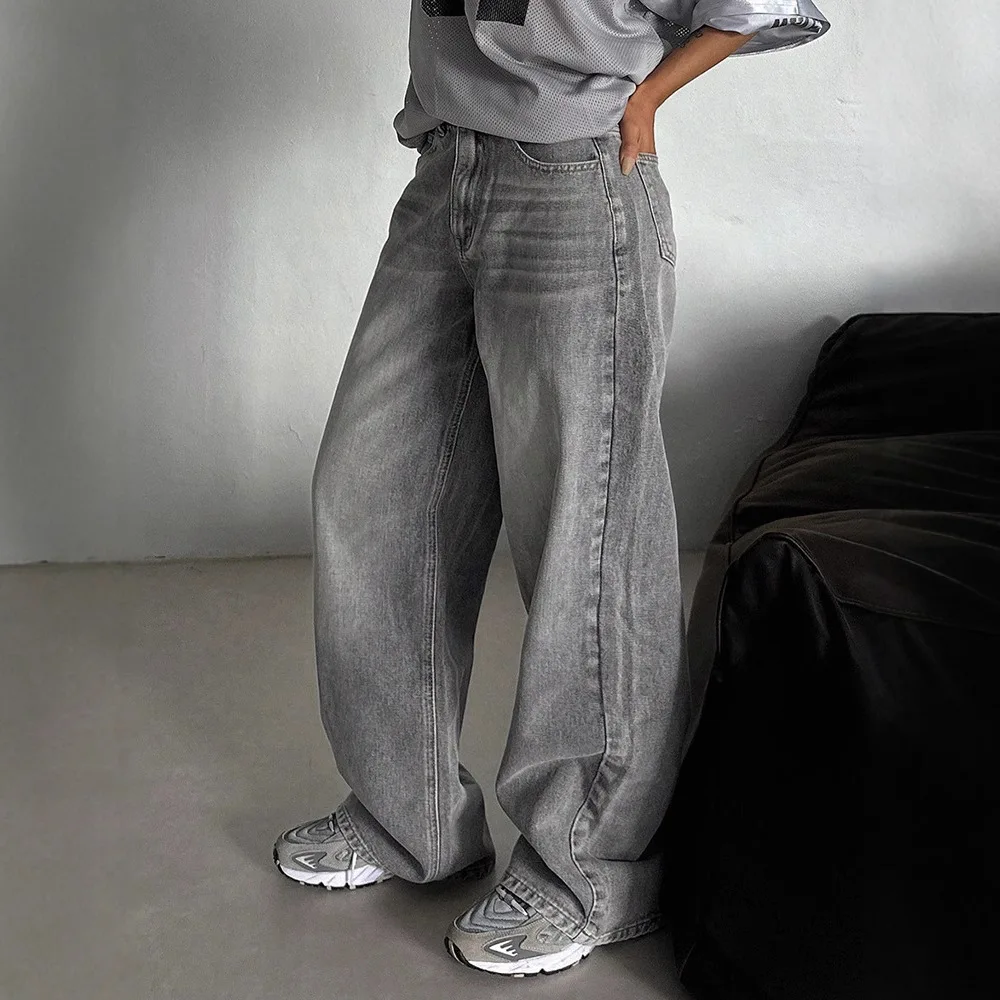 Women's High Waist Gray Baggy Jeans Oversized Wide Leg Washed Denim Pants Loose Straight Trousers For Streetwear & Daily Wear