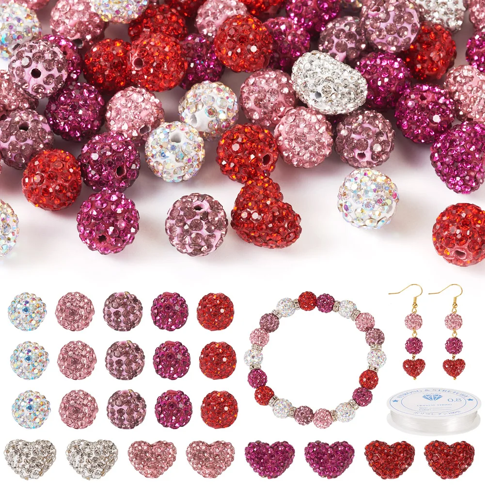 

1Set Valentine's Day Pave Disco Ball Beads Heart Polymer Clay Rhinestone Bead with Elastic Thread for DIY Bracelets Making Kits