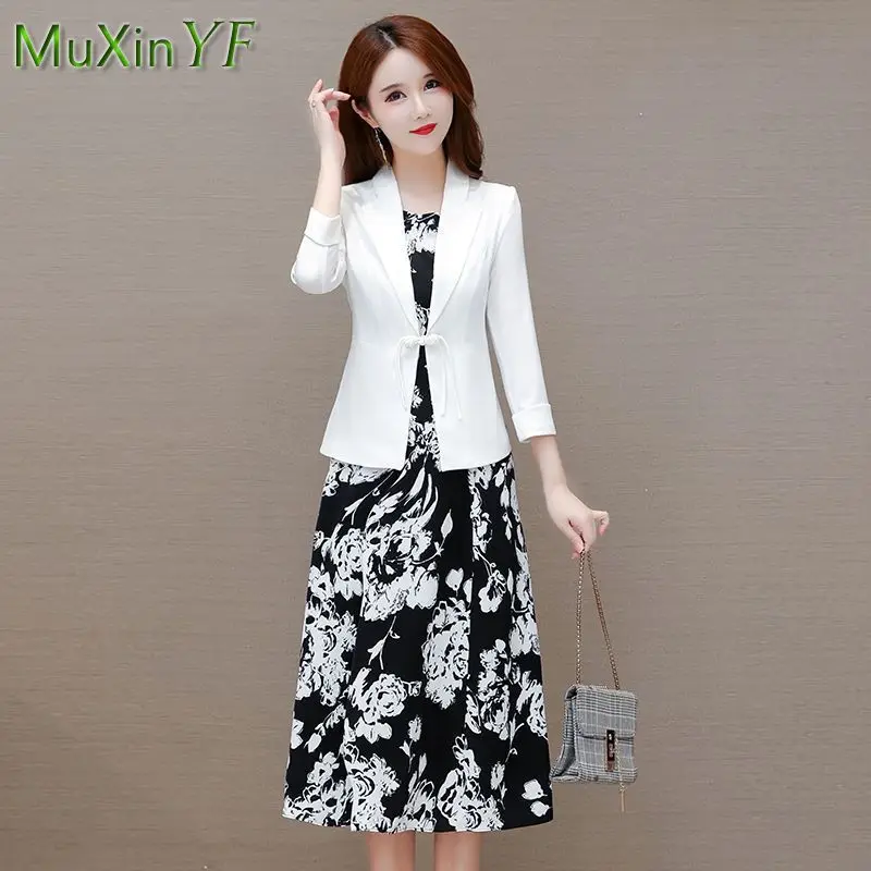 Women\'s Fashion Suit Coat + Chiffon Floral Dress Two Piece 2022 Fall New Korean Elegant Casual Professional Blazersa Skirt Set