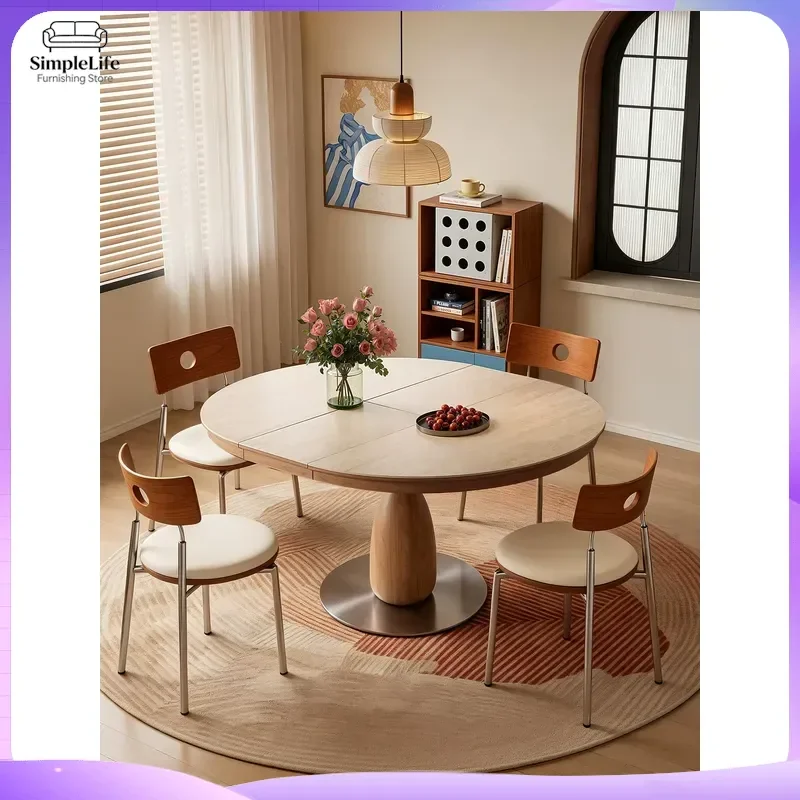 Modern Extendable Dining Table Solid Wood Travertine Top Round to Oval Retractable Kitchen Table for Small Apartment Home