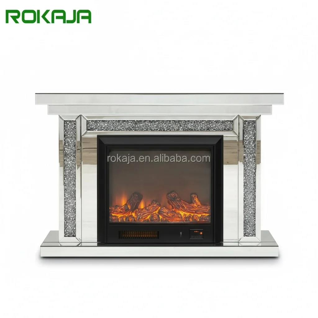 

Mirrored LED Electric Fireplace with Crushed Diamond, Luxury Decorative Entrance Table for Modern Living Room