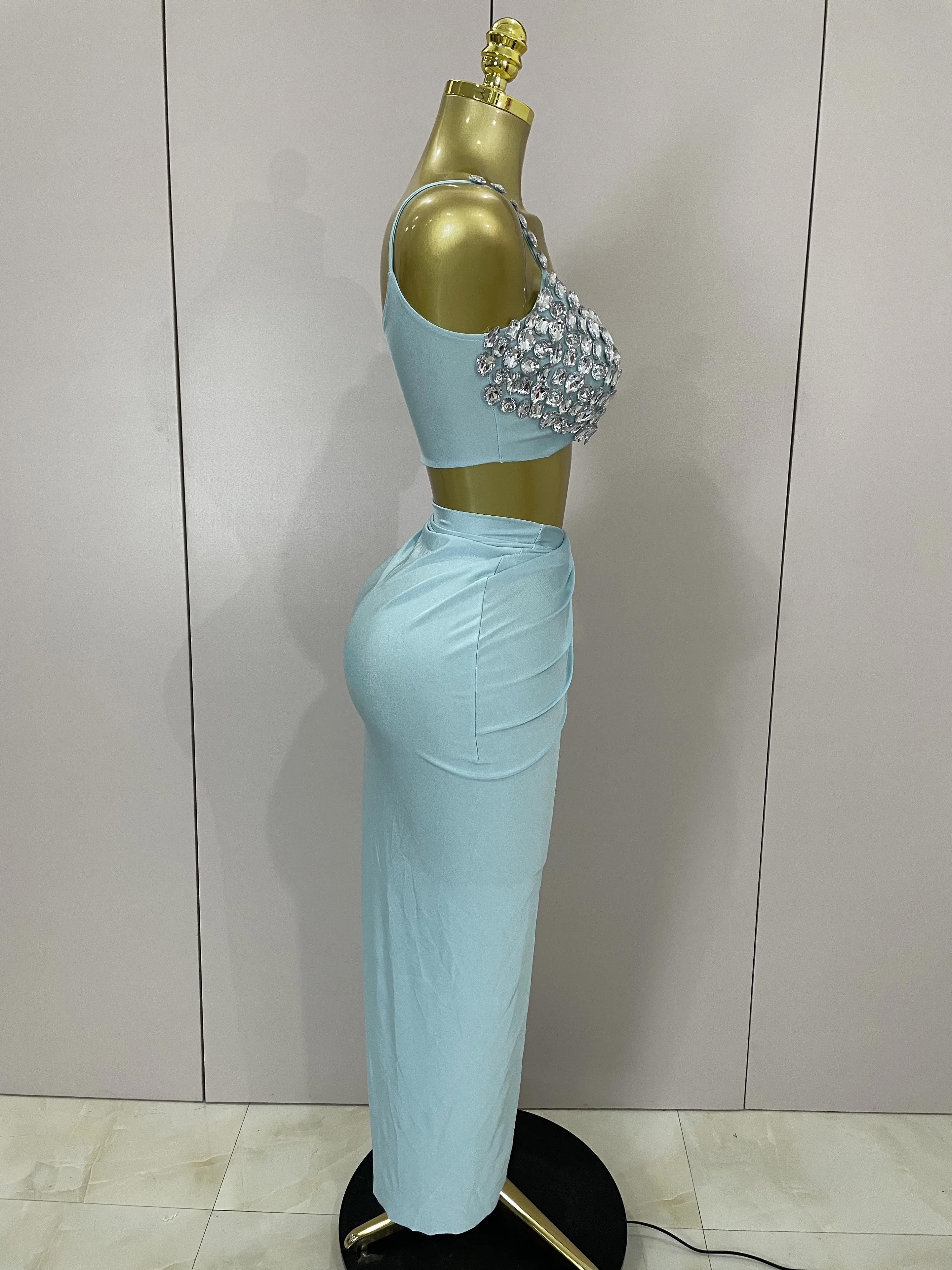 Costume da due pezzi elasticizzato con strass scintillanti sexy, set da donna, gonna da discoteca, festa di compleanno, cantante, ballerino, costume da spettacolo teatrale