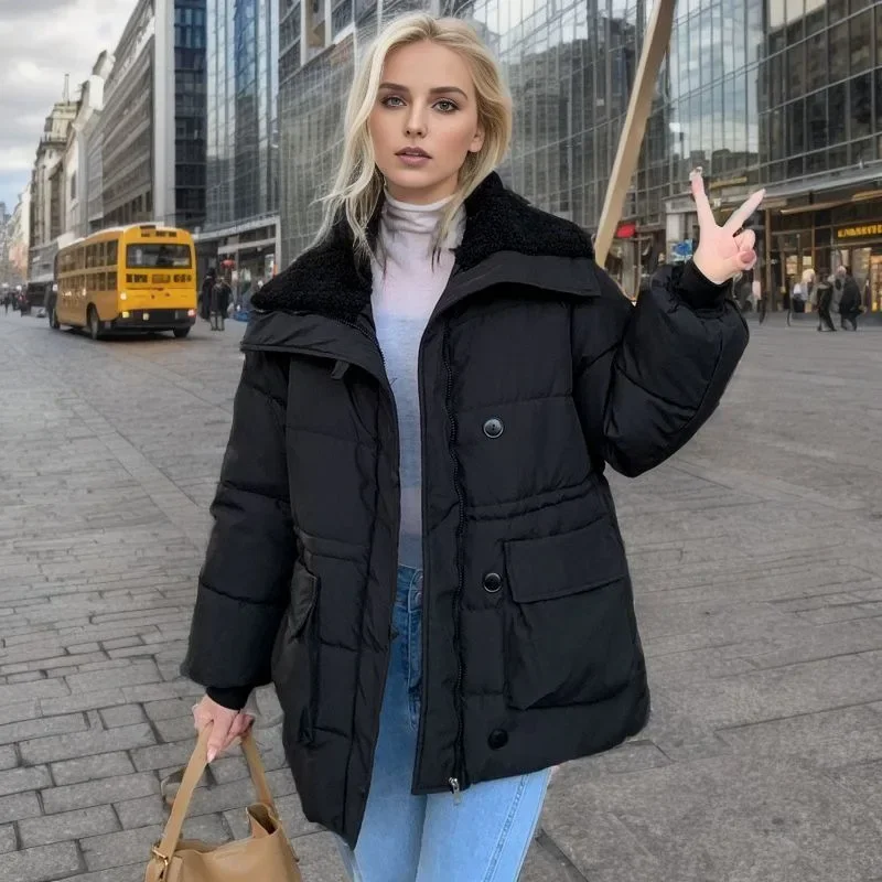 2025 المرأة الشتاء وسادة مبطنة الإناث منشفة طوق كبير طوق سترة قطن المرأة 2 جيب رشاقته الدافئة سترة معاطف القمم