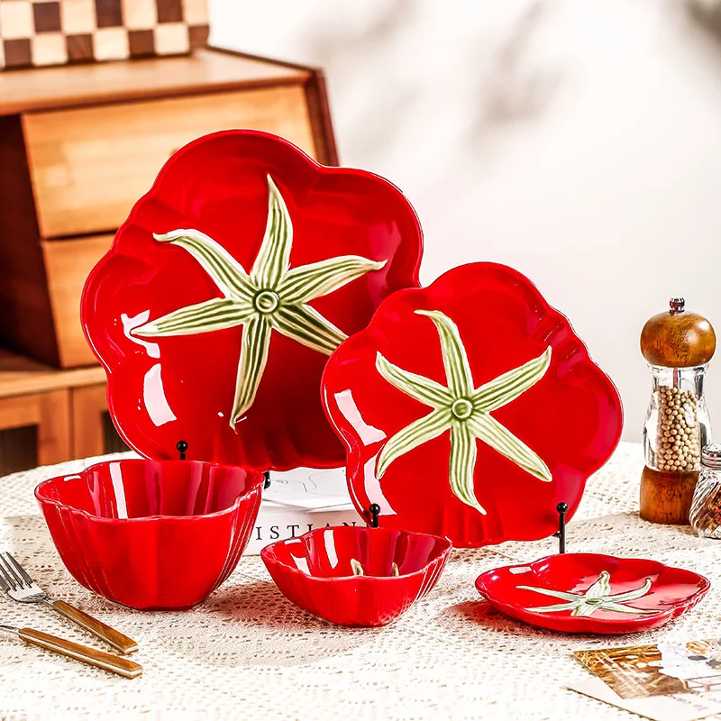 Tomato Ceramic Dinner Plate Bowl Red Serving Dish Salad Dessert Pasta Deep Plate Creative Fruit Tableware Kitchen Home Decor