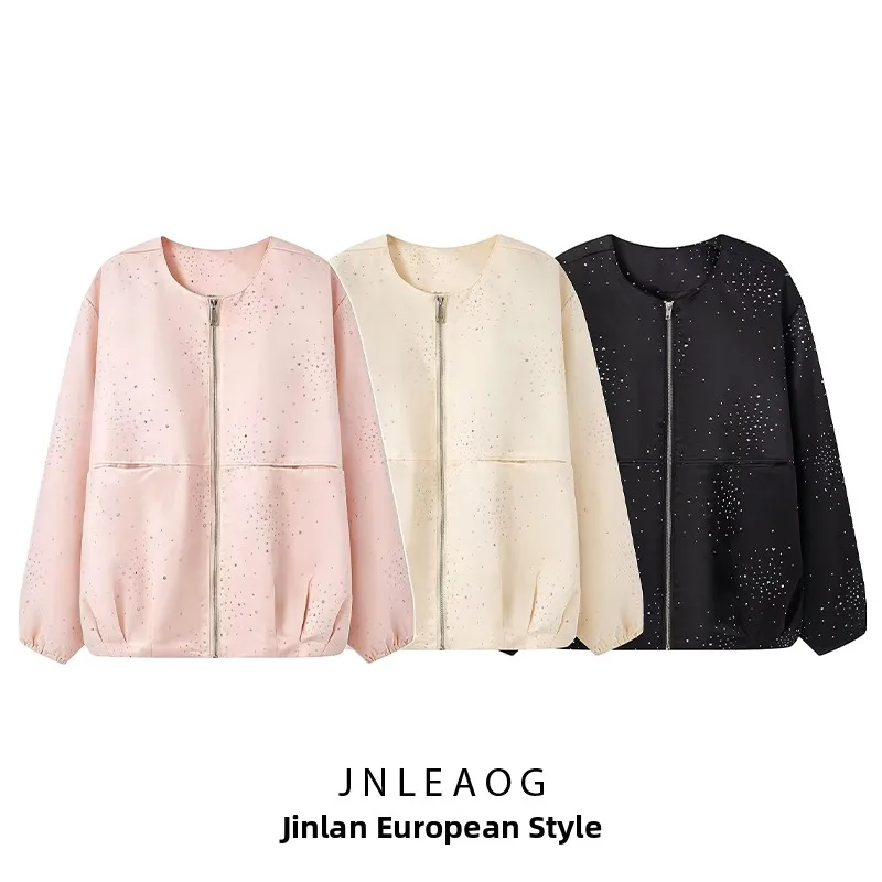 

JNLEAOG Spring New Women's Fashionable Diamond-Encrusted round Neck Jacket Versatile Design Polyester Long Sleeve Zipper Closure