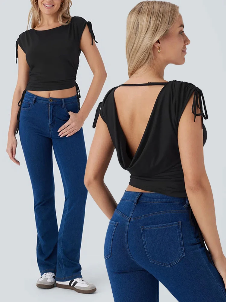 American Sexy Shoulder Strap Pleated T-Shirt With Drawstring Pleated Waist Slimming Backless Short Sleeve Tops Woman Clothes
