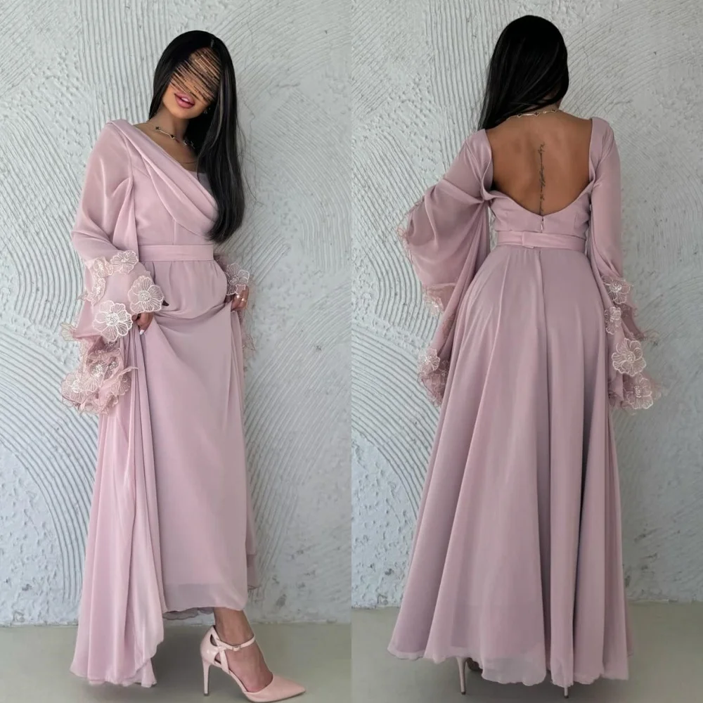 Customized Classic Chiffon Pleat Flower A-line V-neck Midi Dresses Party Dresses Exquisite Modern Style Pastrol Unisex Chinese S