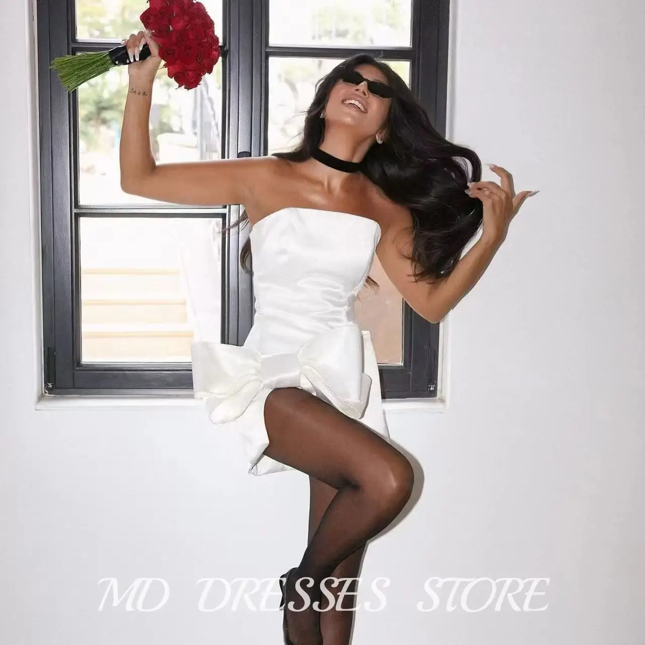

MD 2025 Simple A-Line Short Wedding Dress White Satin Big Bow Above Knee Sexy Cocktail Party Gown vestidos de novia Customized