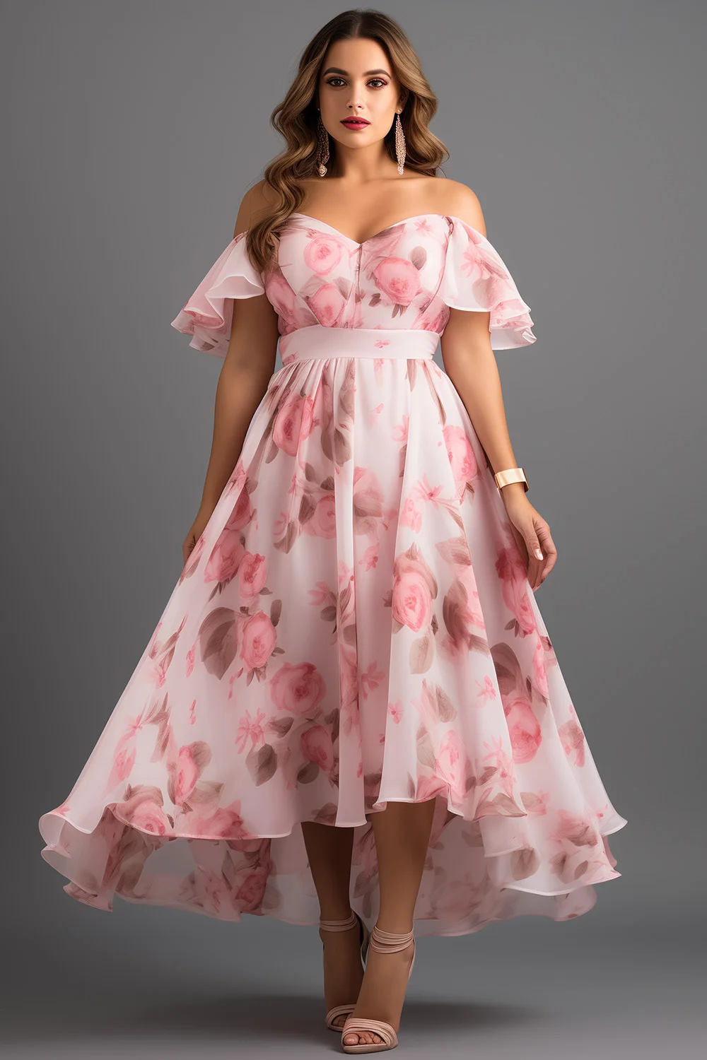 

Flycurvy Plus Size Vacation Pink Chiffon Floral Print Off The Shoulder High Low Hem Maxi Dress