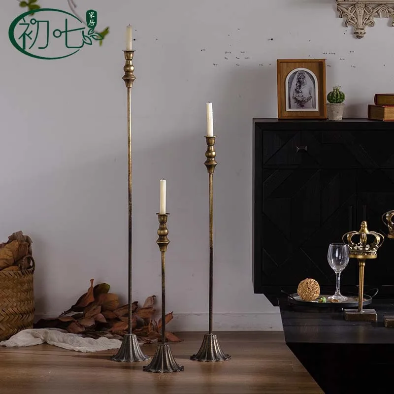 European-style court style floor-to-ceiling hotel lobby decoration with wabi-**** wind wrought iron slender candle holder