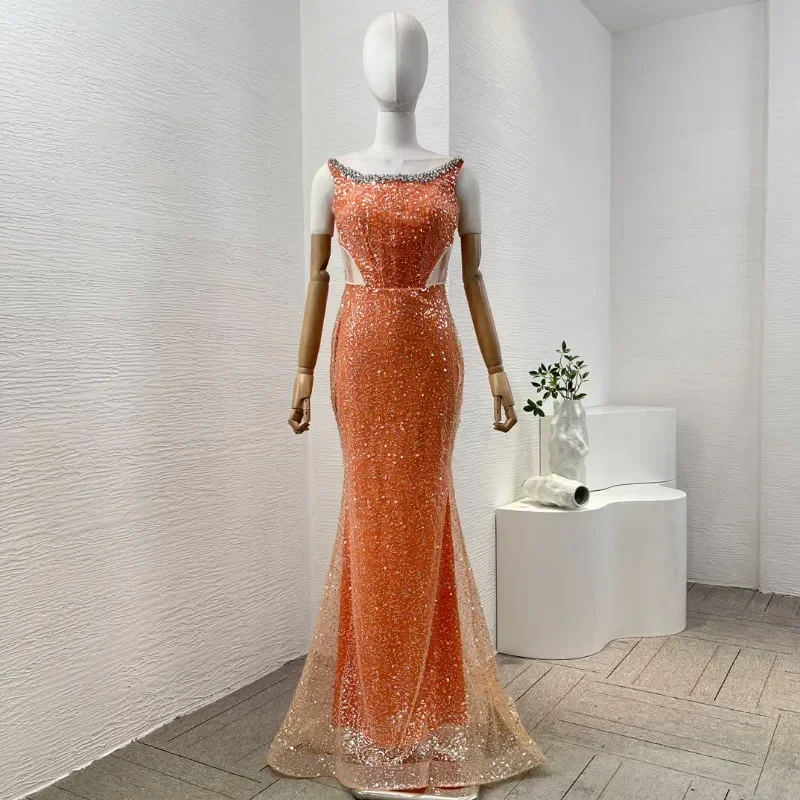 

Women's Sequins Diamonds Pearls Sleeveless Elegant See Through Grid Waist Orange Maxi Tube Dresses for Party