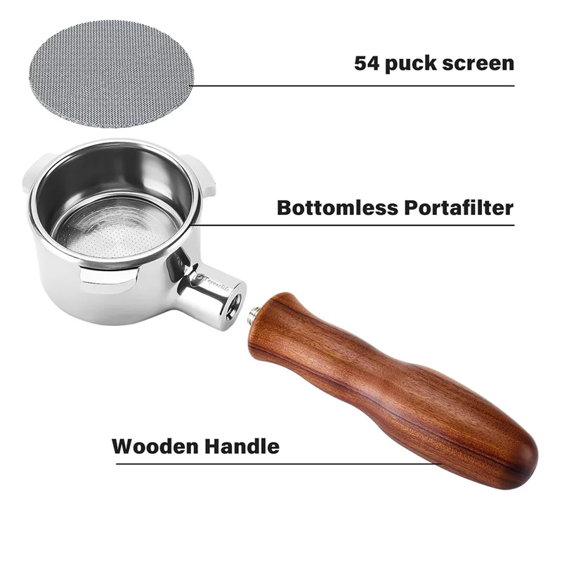 Portafilter Tanpa Dasar Stabil-54Mm, Pengganti Portafilter, Terbuat dari Baja Tahan Karat dan Kayu Solid. Portafilter Tanpa Dasar Dur