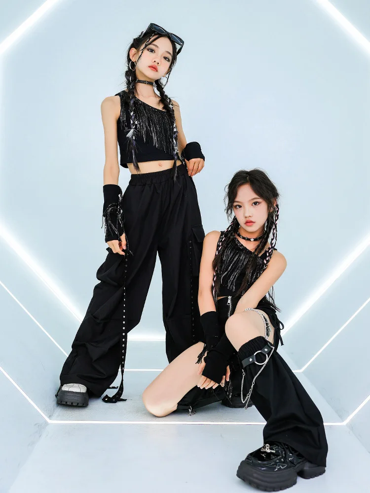 Girls Jazz Dance Clothes Black Tassel Crop Tops Pants Kids Hip Hop Competition Performance Suit Stage Wear K-pop Outfit BL14277