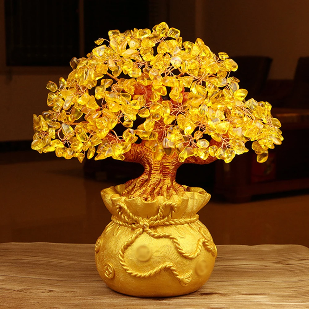 Adorno de escritorio dorado, árbol de la riqueza de cristal Natural, árbol de bolsa de dinero, árbol de dinero tembloroso, adorno de regalo artesanal, diciembre de Navidad, 1 ud.
