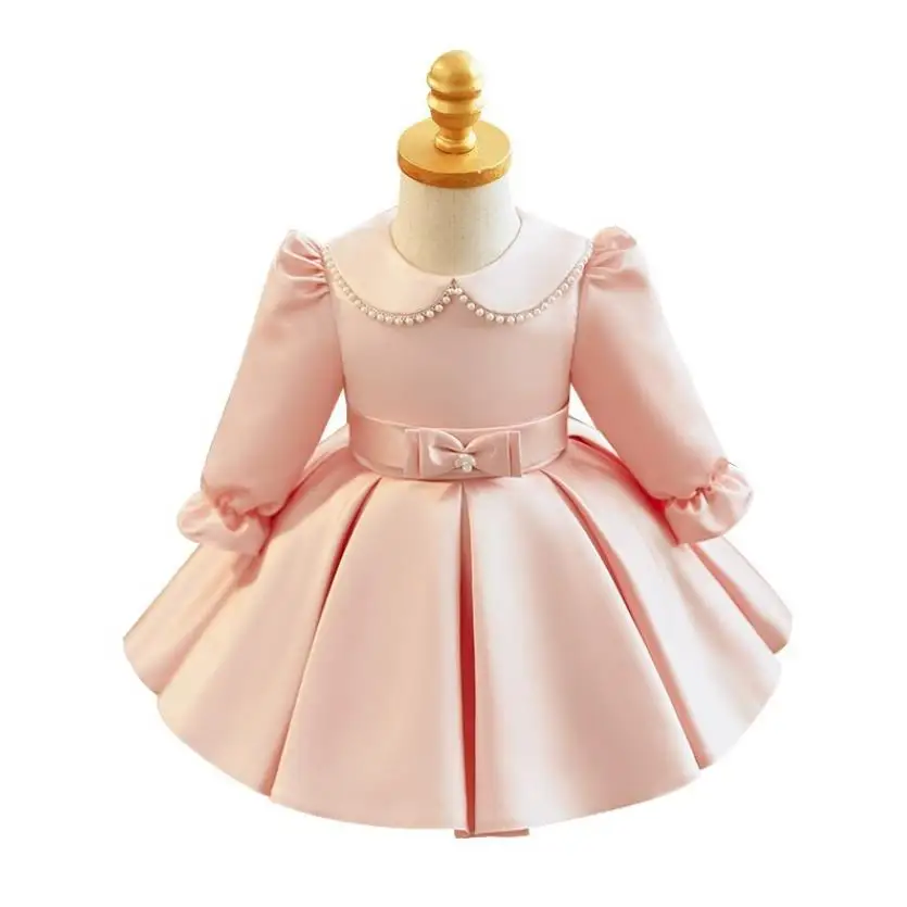 2024 New Children\'s Princess Ball Gown Bow Pearls Long Sleeve Design Kids Wedding Birthday Baptism Party Dresses For Eid  A3640