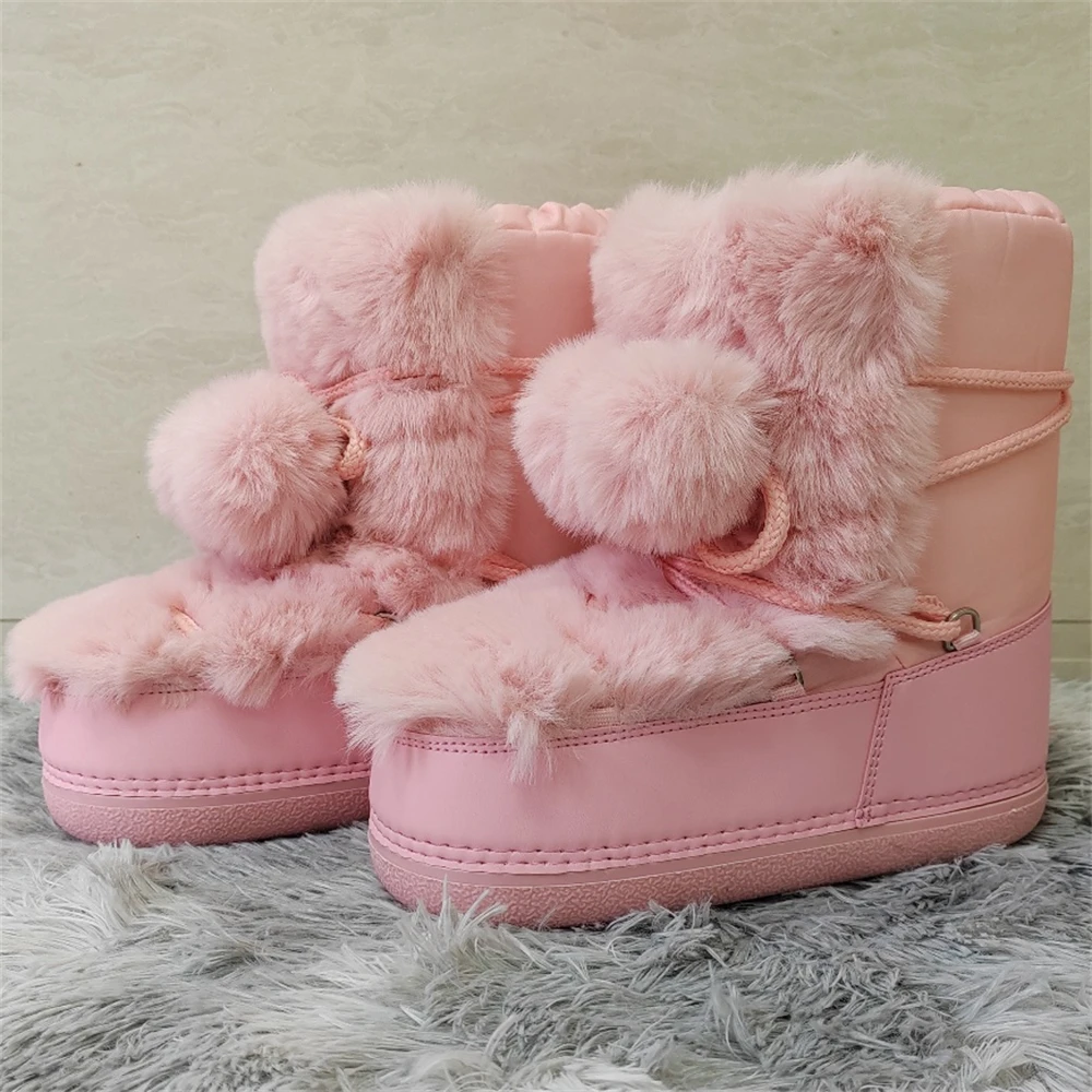 2024 Winter Snow Boots for Women Rabbit Fur Snow Boots Platform Lace-up Fluffy Furry Fur Ski Boots Female Warm Cotton Boots