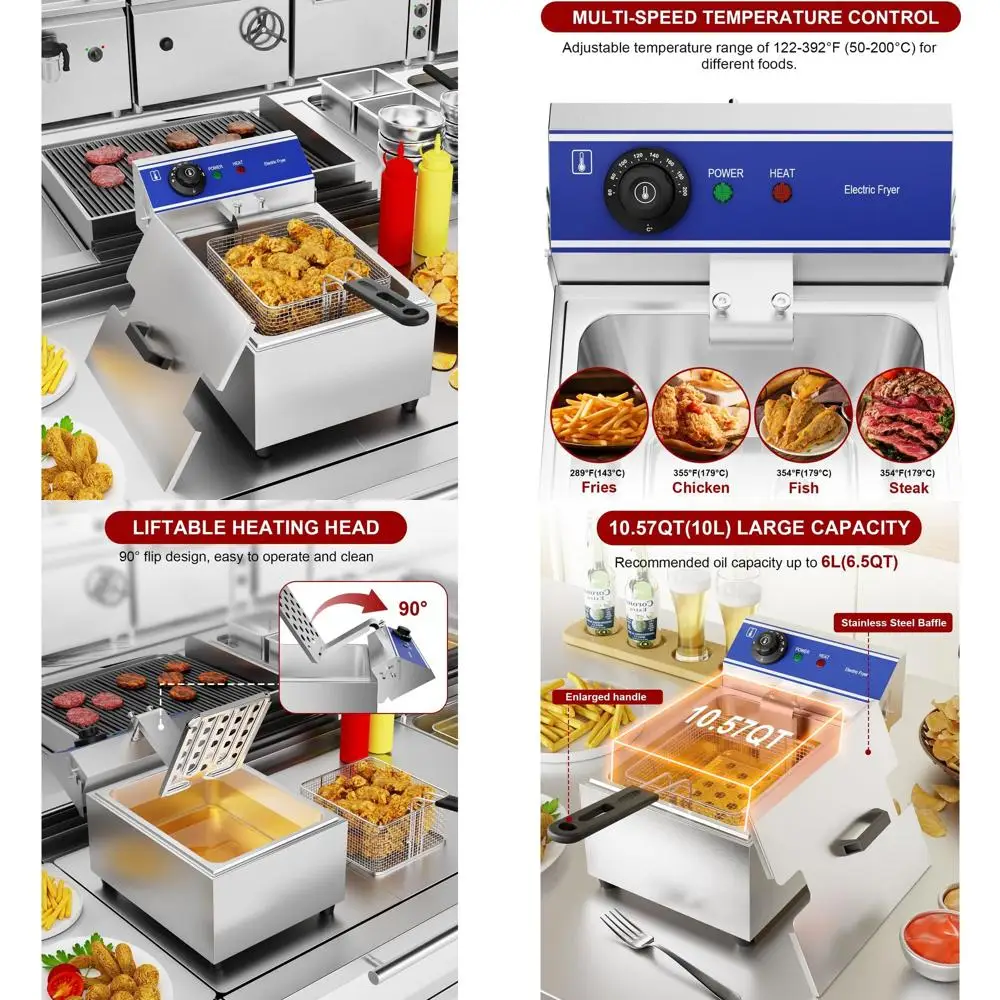 

10.57L Stainless Steel Countertop Deep Fryer with Basket, 1500W Temperature Control, Ideal for Home and Restaurant Use
