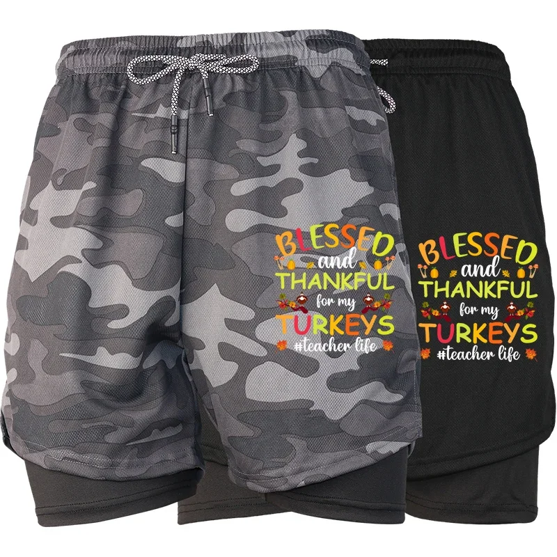 

Летние мужские шорты для бега в тренажерном зале 2 в 1, с принтом и карманом для телефона, быстросохнущие, дышащие