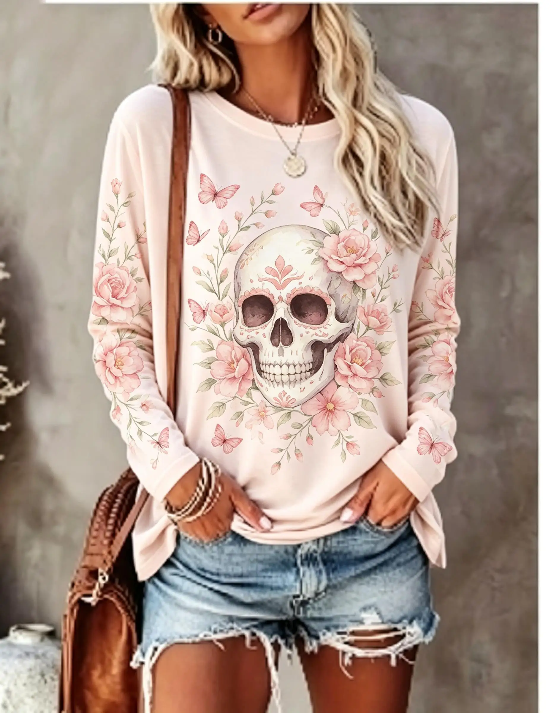 Women Long Sleeve T Shirt Vintage Floral Sugar Skull Yellow Butterfly Print Crew Neck Fall Tops