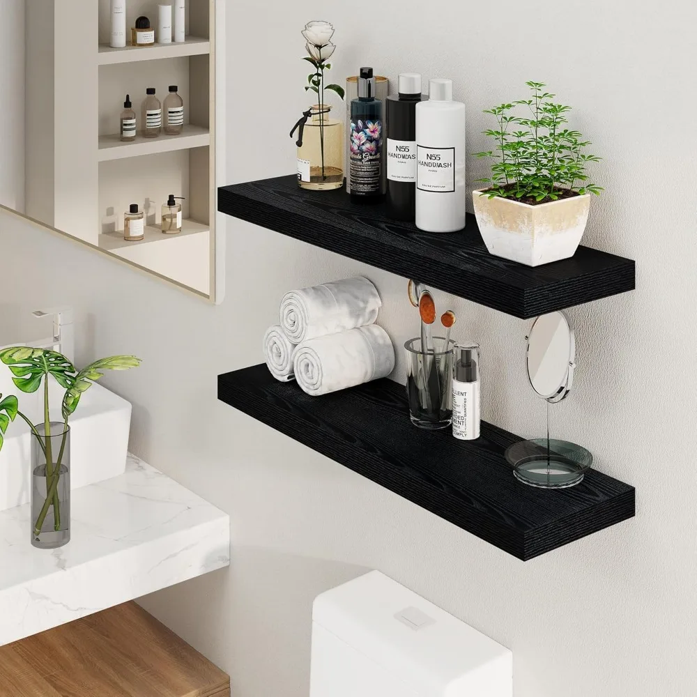 Black Floating Shelves 36 Inch Long, 8 Inch Deep Floating Shelves for Wall, D Floating Shelves Set of 2