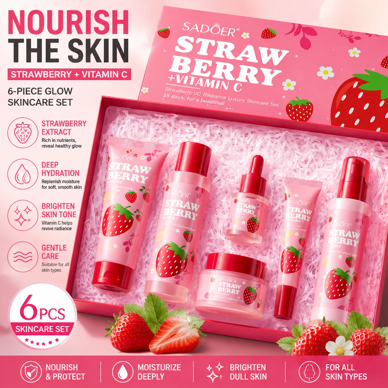 Set de 6 Piezas de Productos para el Cuidado Facial con Vitamina C y Extracto de Fresa: Crema Facial, Sérum, Tónico, Limpiador Facial, Protector Solar, Crema para Ojos, en Caja de Regalo