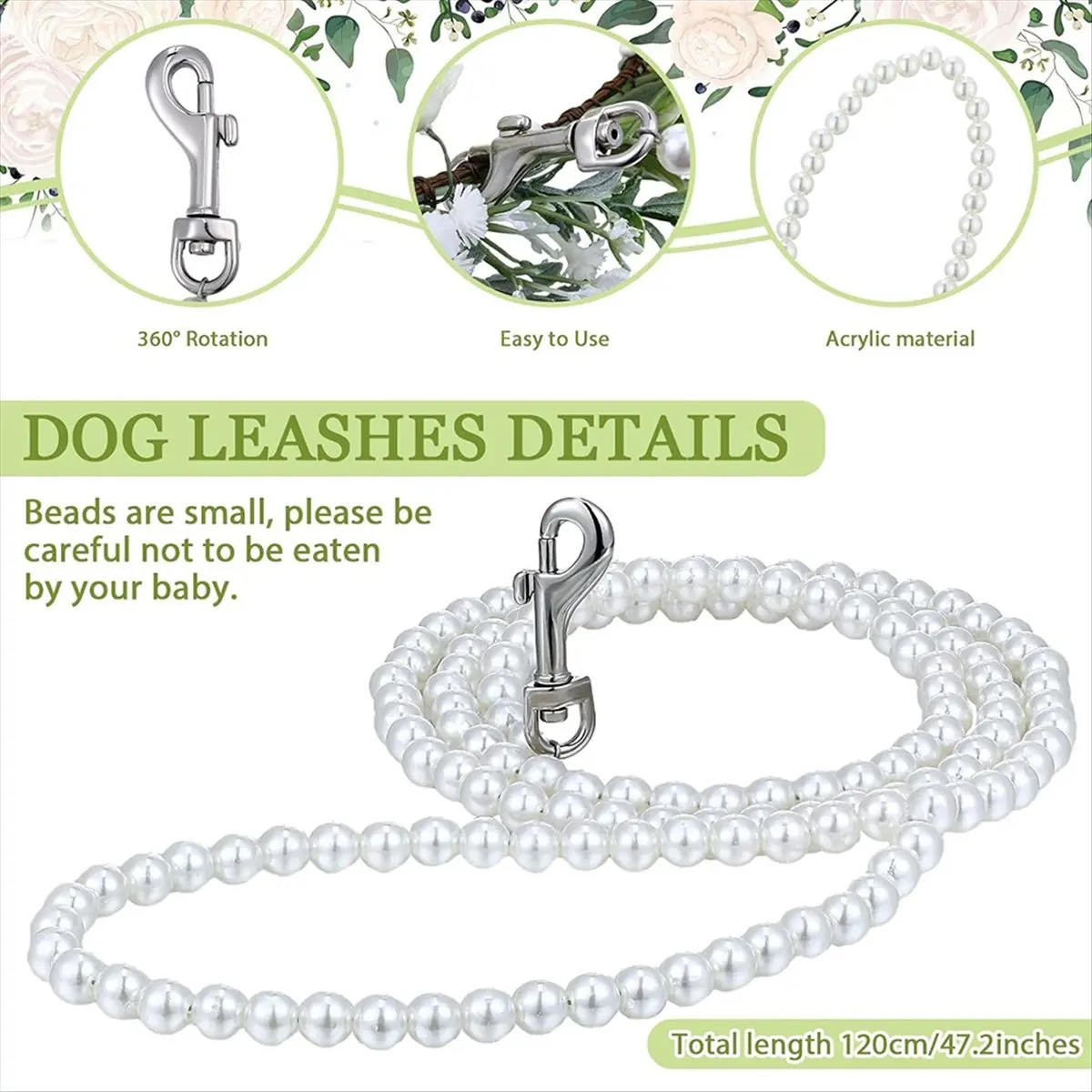 Dog Flower Collar Wedding and Leash Set Pearl for Dogs Pearl Beaded Dog Leash Dog Collar Bows for Wedding Adjustable