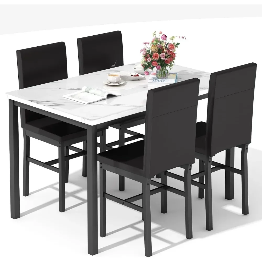 Dining table artificial marble kitchen table and chair 4 PU leather chairs space-saving dining table set dining room living room