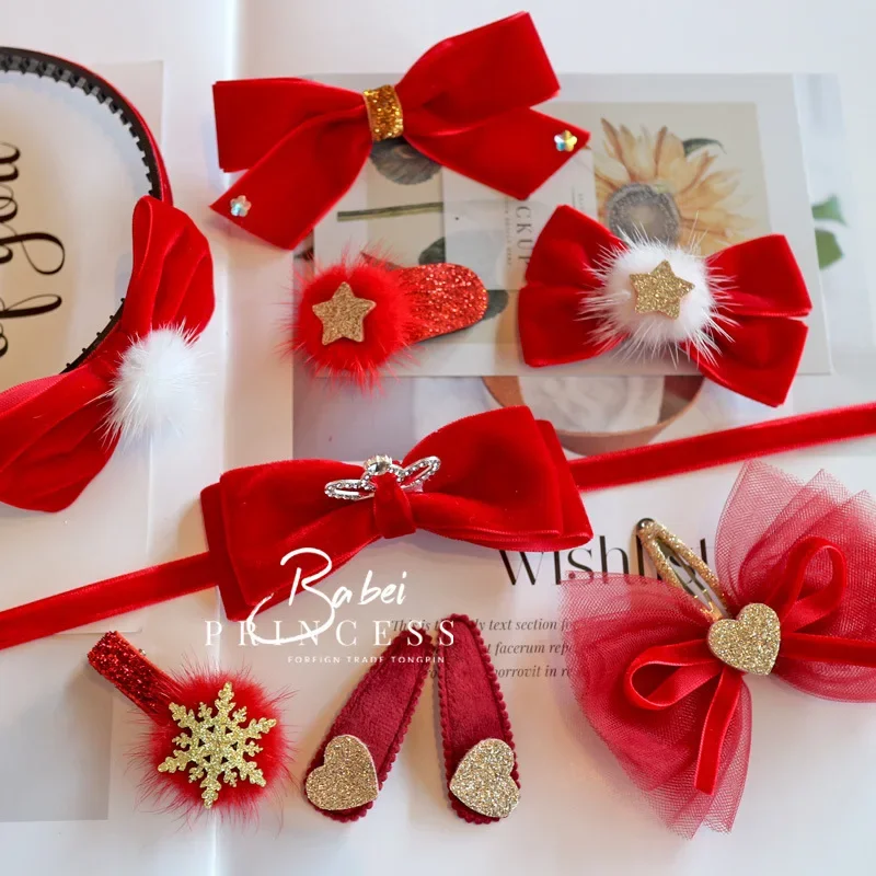 Red Children Cute Pearl Flower Hair Ball Bow New Year Hairpins Baby Girls Lovely Ornament Hair Clips Kids Hair Accessories