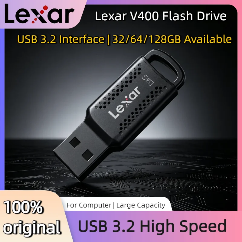 Unidad Flash USB 3.2 Lexar U Disk V400 de 32 GB, 64 GB, 128 GB, Memoria USB Negra Original para Computadora Pro Max