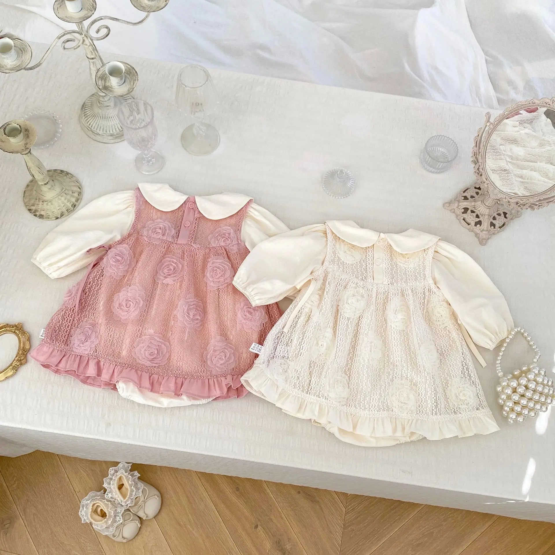 Autumn Baby Girls Clothes Set 0-2Y Sweet 3D Flower Sleeveless Dress Solid Peter Pan Collar Bodysuit 2Pcs Infant Birthday Dress