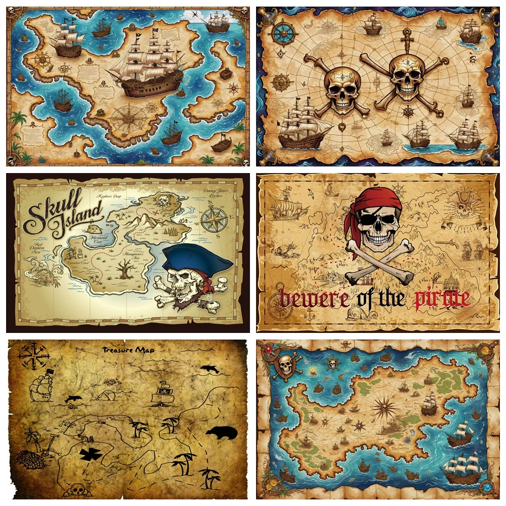 

Pirate Ship Treasure Map Photography Backdrops Props Boy Birthday Skull Baby Wheel Treasure Photo Studio Background VT-01