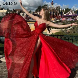 OEING Sparkly Red Long Evening Party Dresses Spaghetti Straps Deep V Neck Shiny Prom Gowns Glitter Special Occasion Celebrity