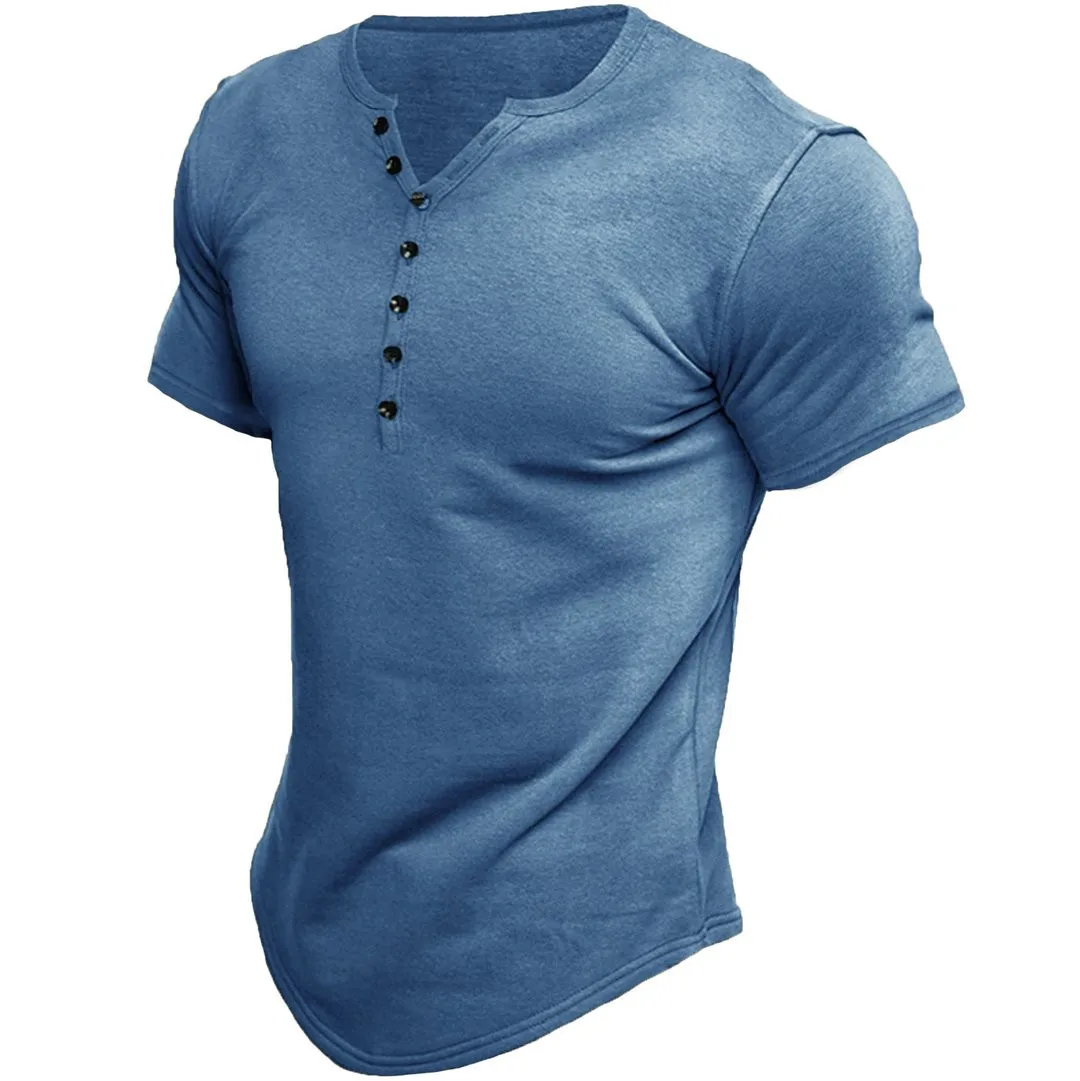

Cross-border Amazon summer new European and American men Henry shirt short-sleeved men's solid color button T-shirt top