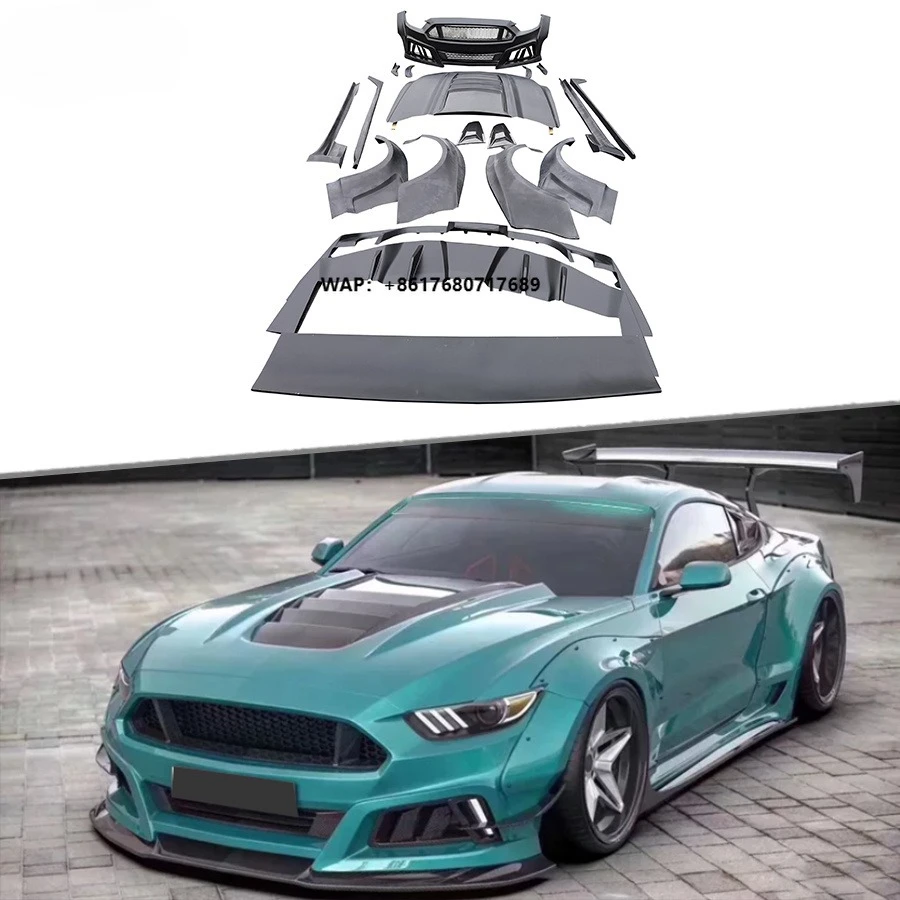 Комплекты широких обвесов из стеклопластика в стиле Robot для Mustang 2015-2017: передний бампер, накладки на противотуманные фары, капот, крылья, боковые пороги, задний диффузор