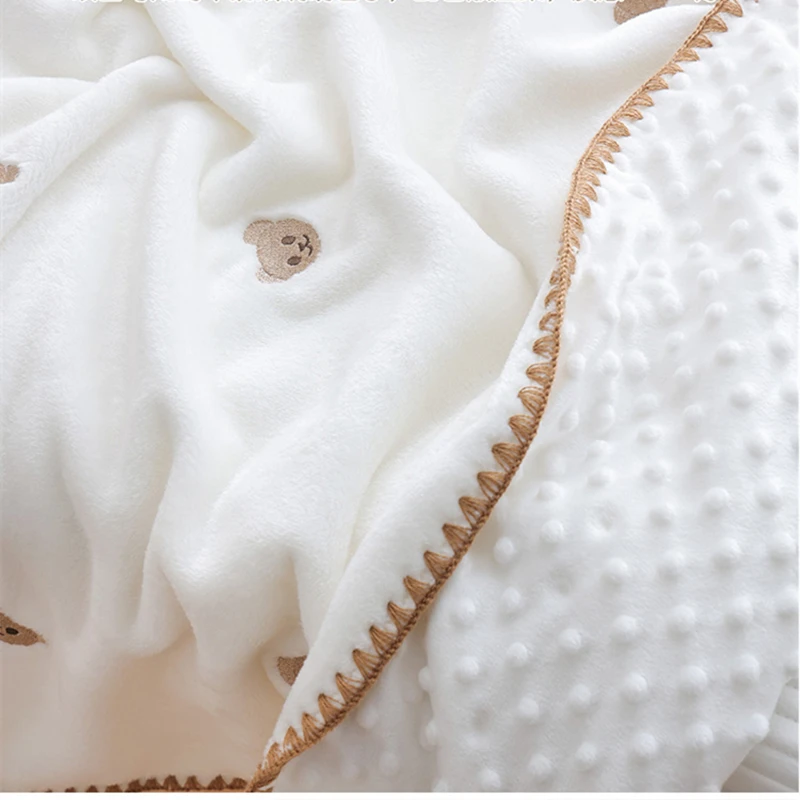 Flauschige Sherpa-Dotty-Futter-Flanell-Thermo-Babydecke, Stickerei, Bären und Sterne, Decke für Neugeborene, gepolsterte Kinderwagendecke