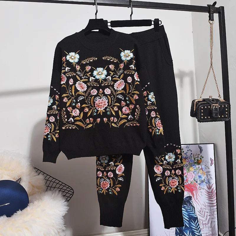 Korean Fashion Black Embroidery Flowers Knit Tracksuits Set Women 2pc Loose Casual Pullover Sweater Pencil Pants Outfits Female