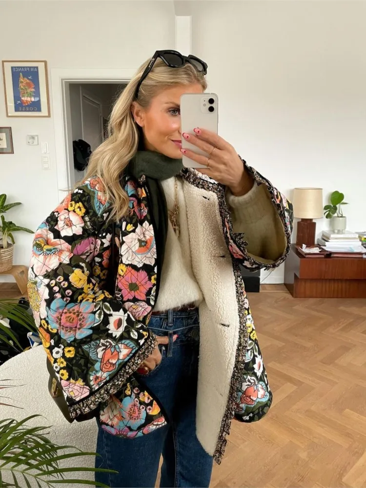 Cappotto impiombato stampato a fiori di moda per donna giacca in cotone caldo spesso a maniche lunghe 2023 elegante autunno inverno Casual Streetwear