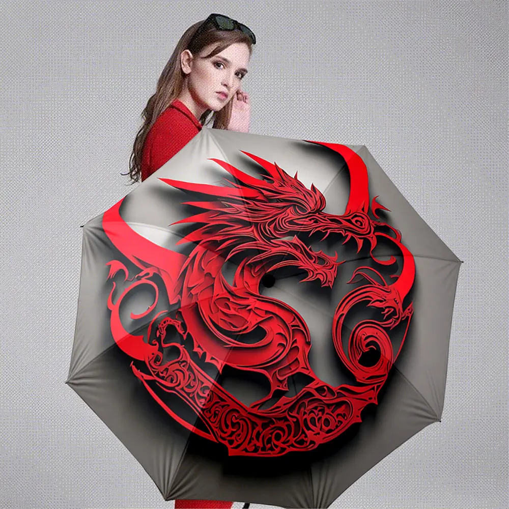Red Dragon Pattern Umbrella with Intricate Design portable waterproof sun rain umbrella for outdoor travel beach