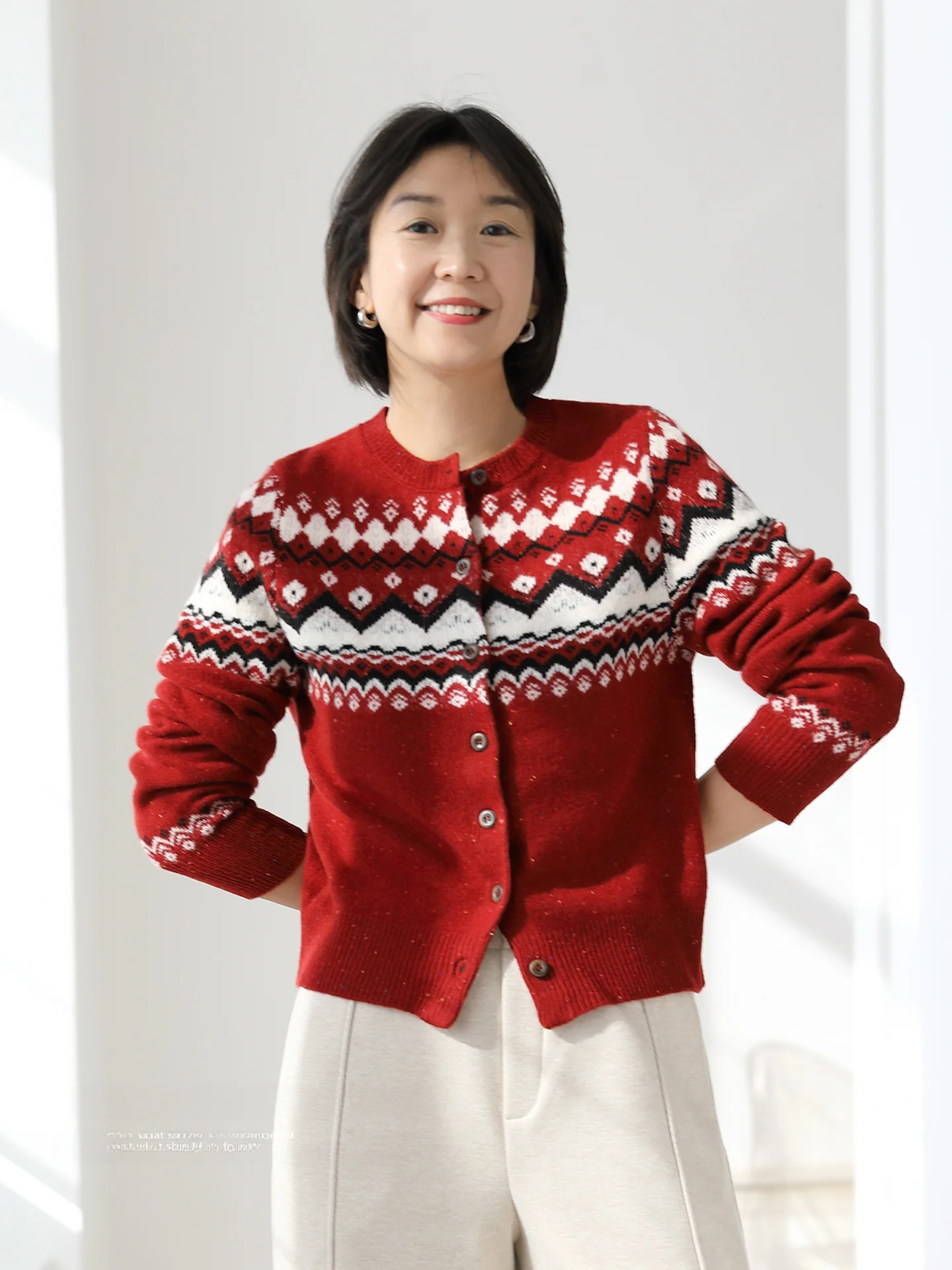 

Ele Woolen Knitted Cardigan Long Sve Fair Isle Pattern New Year's Sweater Soft Comfortable Luxury Girl's Faion