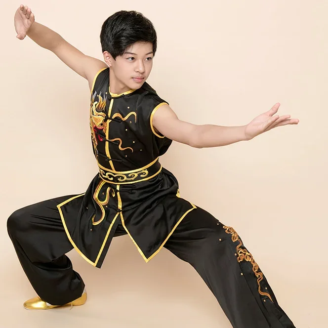 

Custom Tailored Kung Fu Long Fist and Tai Chi Martial Arts Uniform for Competition Embroidered Dragon Black Clothes