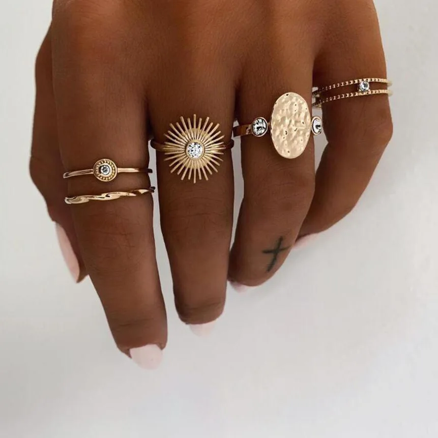 300pcs/lot Personalized wind new ring Simple sun with diamond ring Geometric pattern 5-piece ring set