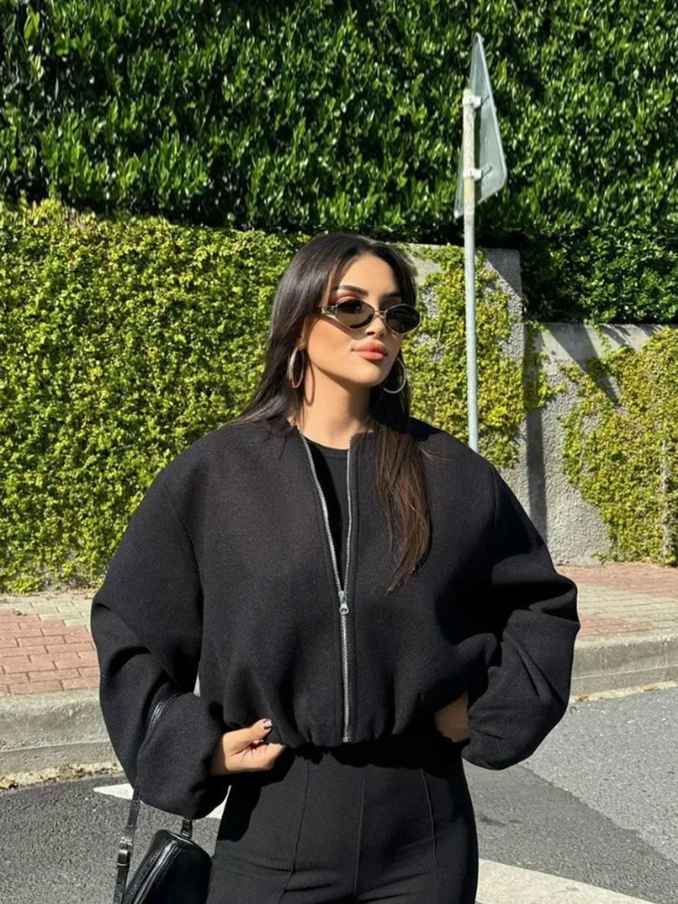 السيدات الشابات أزياء قصيرة فضفاض قنبلة سترة سستة طويلة الأكمام سترة رياضية في فصل الشتاء #6