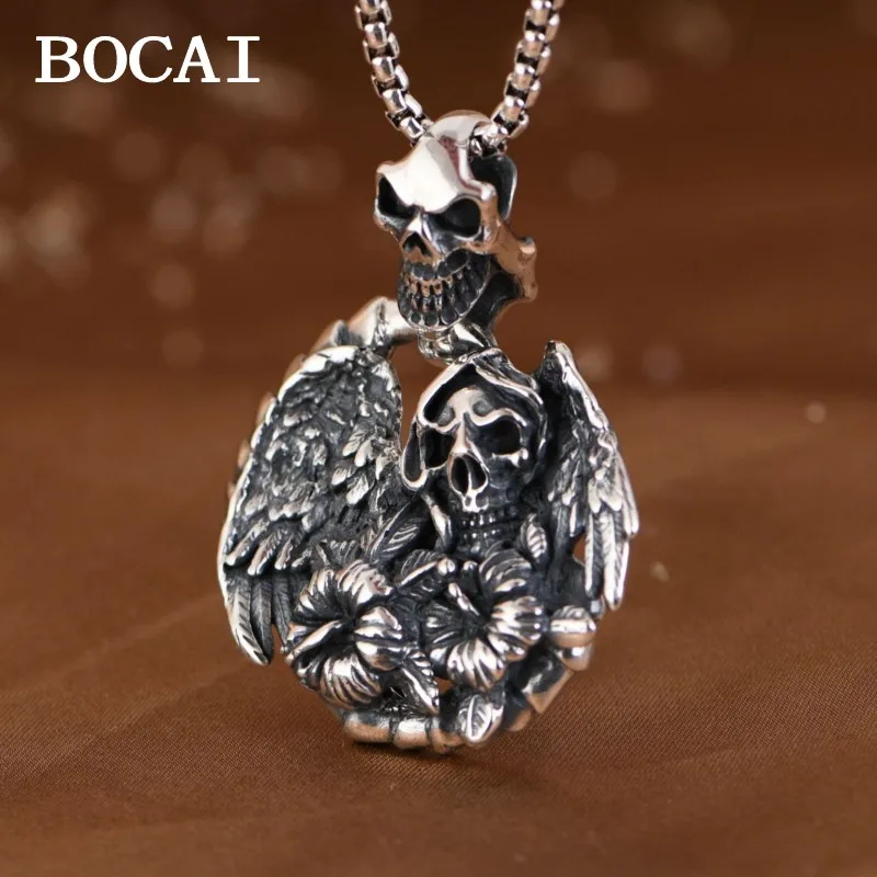 

BOCAI New S925 Silver Vintage Personalized Punk Rock Eagle Claw Wings Skull Head Pendant Men's Style