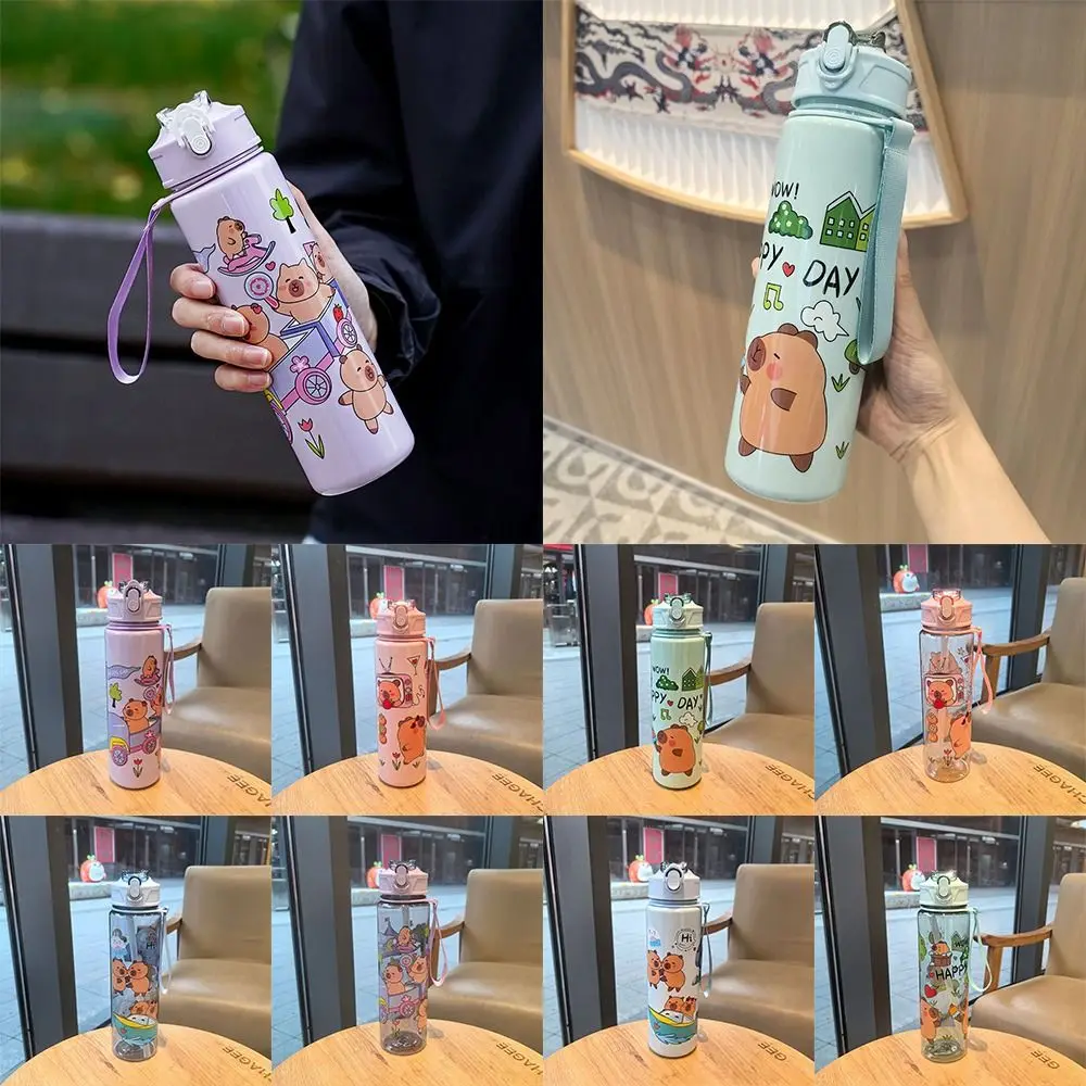 

Creative 800M Water Bottle with Straws Plastic Straw Cup Large Capacity Capybara Printed Water Sippy Cup Outdoor Travel