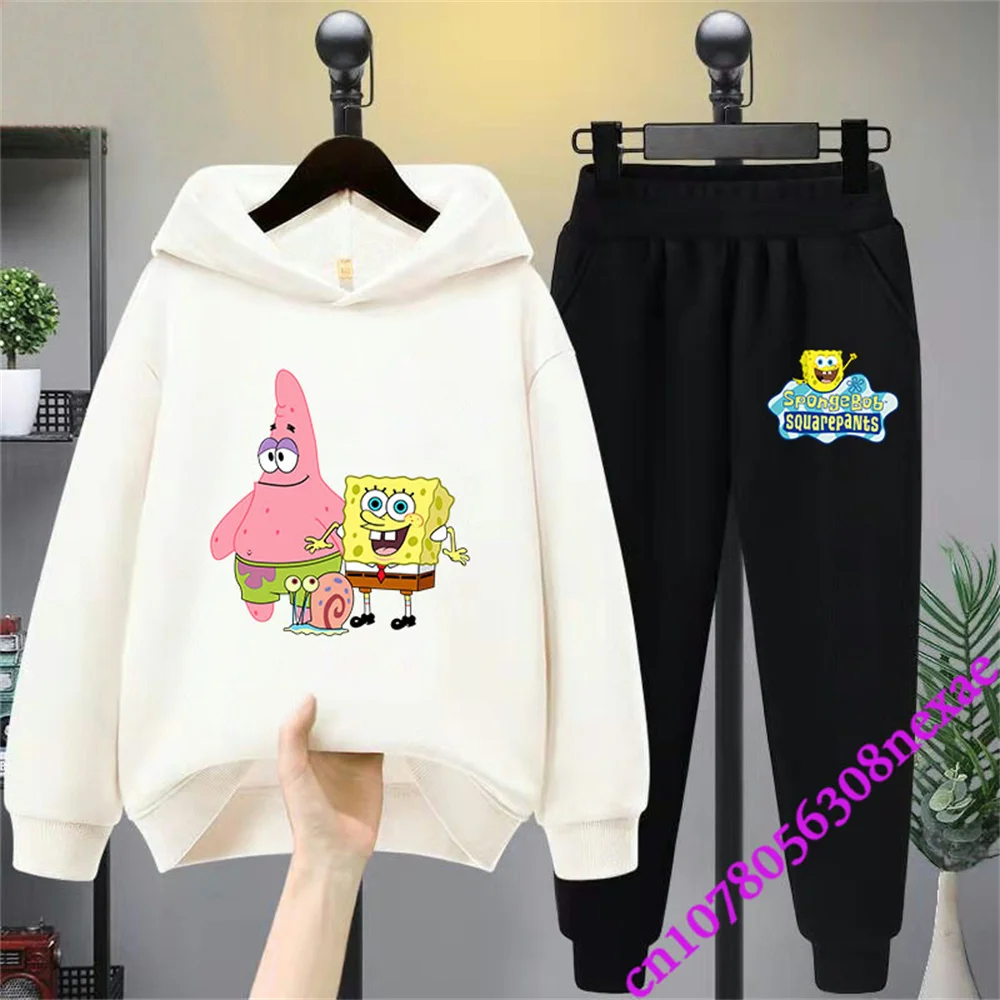 Spongebob Spring And Autumn Children\'s Clothing Boys And Girls Sweater Suit 2 Pieces Cartoon Print Sweater Sportswear Trousers