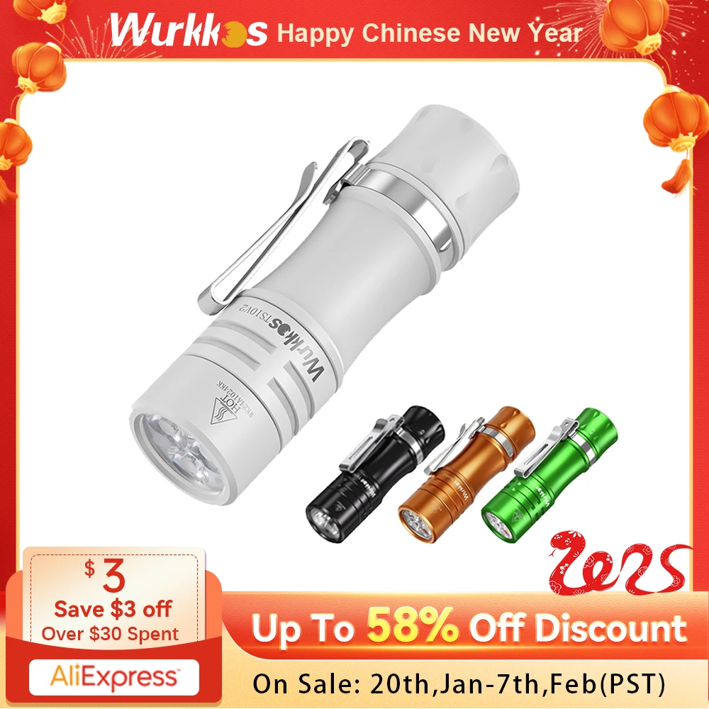 Wurkkos New TS10 V2 14500 Powerful Mini EDC Flashlight with 3* 90 CRI LEDs and 3* RGB Aux LEDs Anduril 2.0 Max 1400lm IPX8 Torch